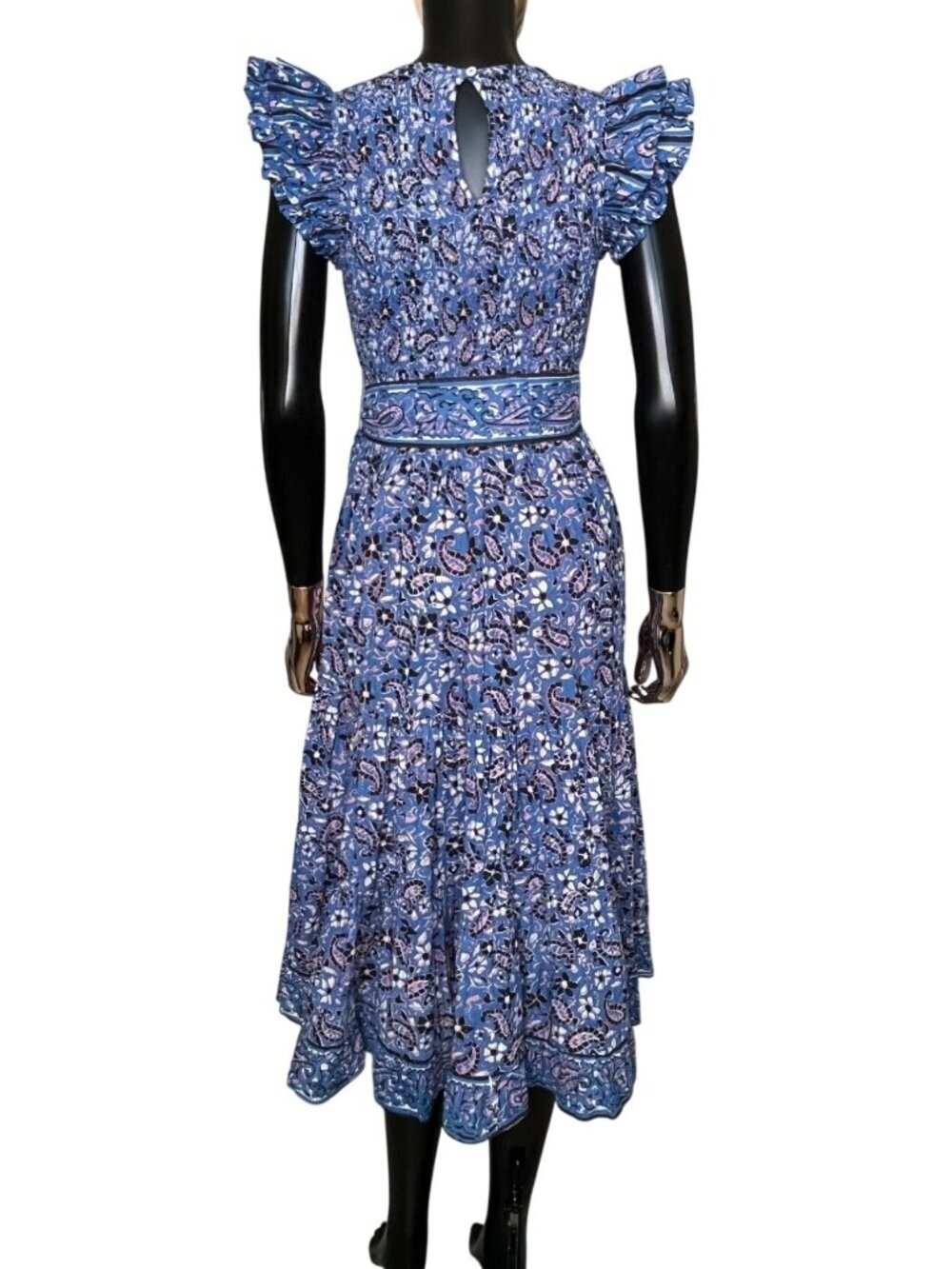 Cleobella Autumn Ruffle Blue Paisley Midi Dress Small Organic Cotton Pockets - Picture 4 of 11